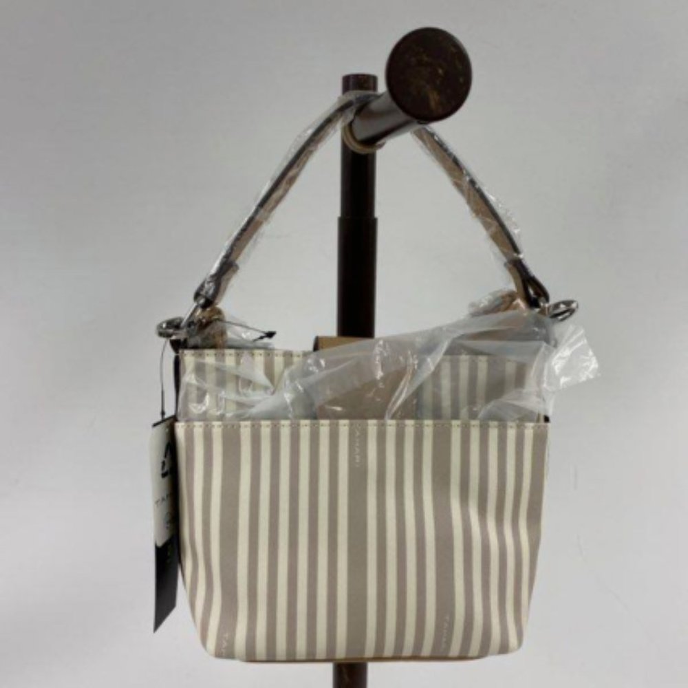 Tahari Womens Sand/Gray Striped Vegan Leather Double Handle Satchel Tote Handbag